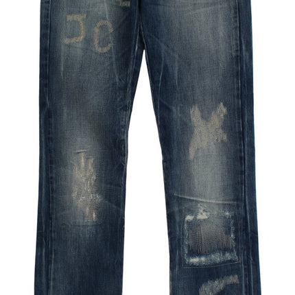 Cavalli Blue Wash Torn Cotton Straight Fit Jeans