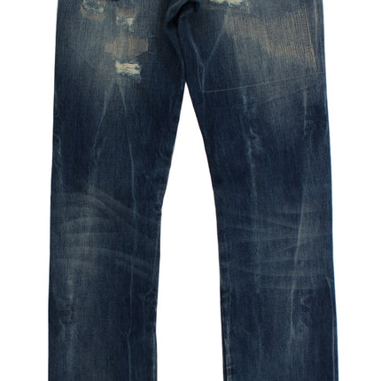 Cavalli Blue Wash Torn Cotton Straight Fit Jeans