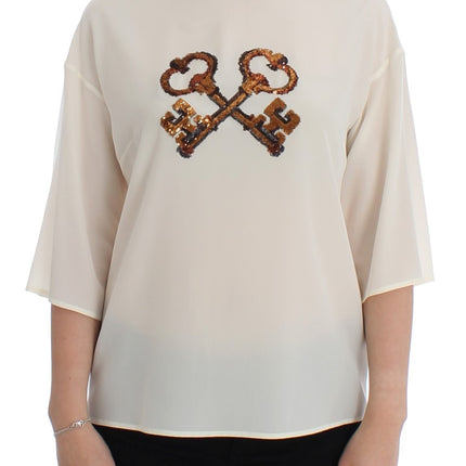 Dolce & Gabbana White Sequined Key Silk Blouse T-shirt Top