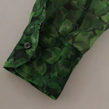 Dolce & Gabbana Green Clover Print Long Sleeves Collared Top Blouse