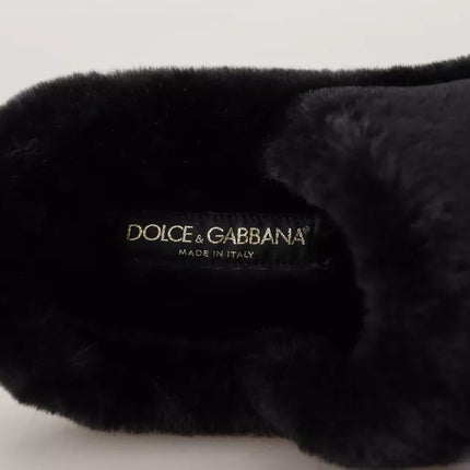 Dolce & Gabbana Black Polyester Faux Fur Mens Flats Sandals Shoes