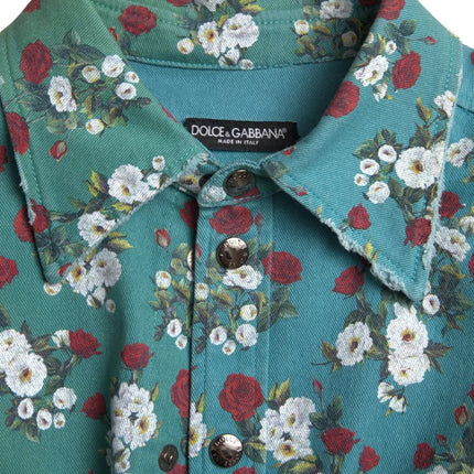 Dolce & Gabbana Blue Floral Cotton Button Down Denim Shirt