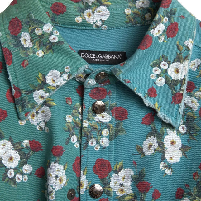 Dolce & Gabbana Blue Floral Cotton Button Down Denim Shirt