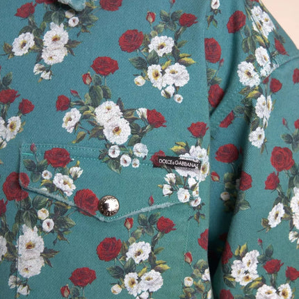 Dolce & Gabbana Blue Floral Cotton Button Down Denim Shirt