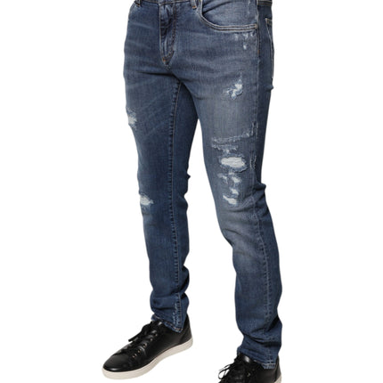 Dolce & Gabbana Blue Tattered Cotton Stretch Skinny Denim Jeans