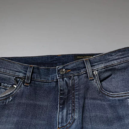 Dolce & Gabbana Blue Tattered Cotton Stretch Skinny Denim Jeans