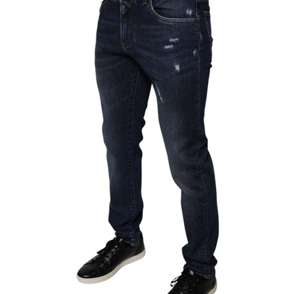Dolce & Gabbana Dark Blue Cotton Logo Skinny Denim Jeans