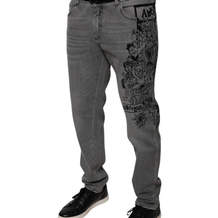 Dolce & Gabbana Gray Graphic Print Cotton Skinny Denim Jeans