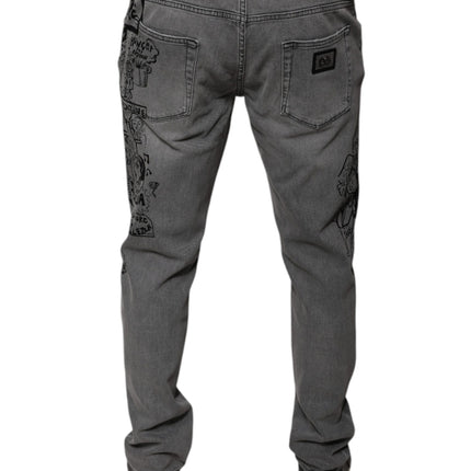 Dolce & Gabbana Gray Graphic Print Cotton Skinny Denim Jeans