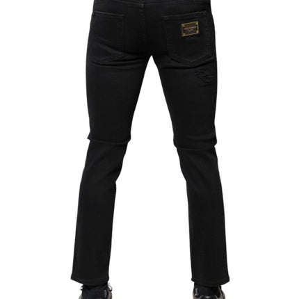Dolce & Gabbana Black Cotton Tattered Skinny Denim Logo Jeans