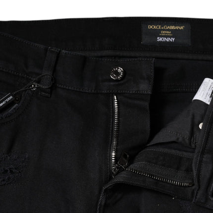 Dolce & Gabbana Black Cotton Tattered Skinny Denim Logo Jeans