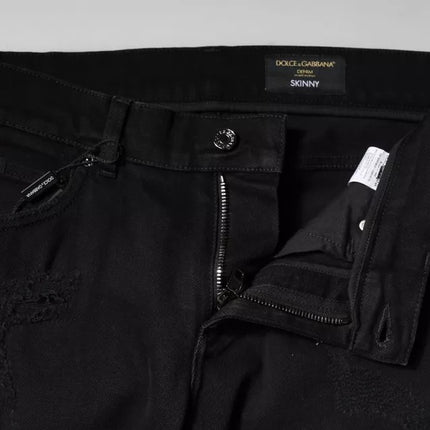 Dolce & Gabbana Black Cotton Tattered Skinny Denim Logo Jeans