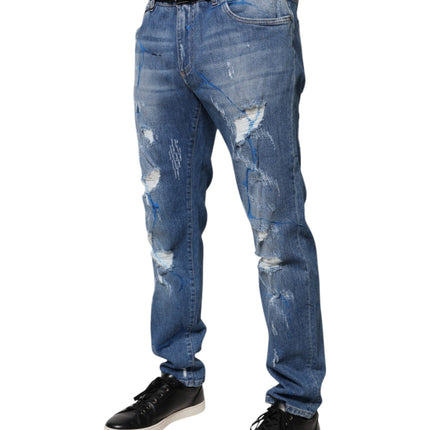 Dolce & Gabbana Blue Cotton Stretch Tattered Skinny Denim Jeans