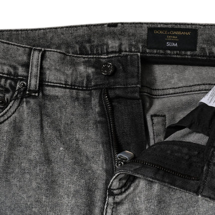 Dolce & Gabbana Gray Logo Plaque Cotton Slim Fit Denim Jeans