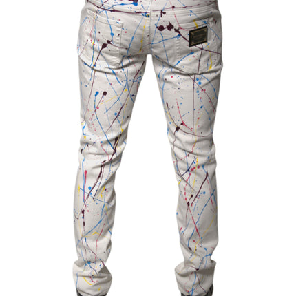 Dolce & Gabbana White Color Splash Print Skinny Denim Jeans