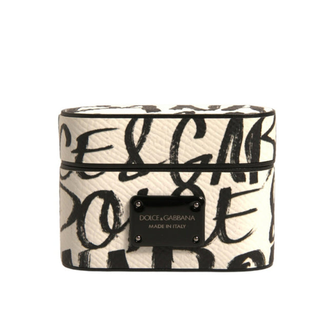 Dolce & Gabbana Black White Leather Scribble Embossed Logo Airpods Case