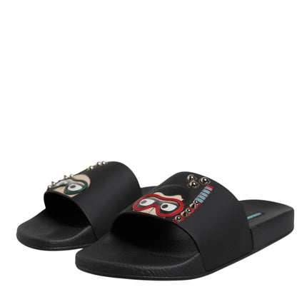 Dolce & Gabbana Black Divers Leather Flats Slides Sandals Beachwear Shoes