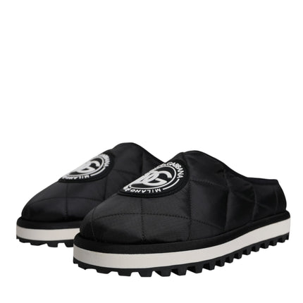 Dolce & Gabbana Black Nylon Quilted Logo Patch Sandals Slides Shoes