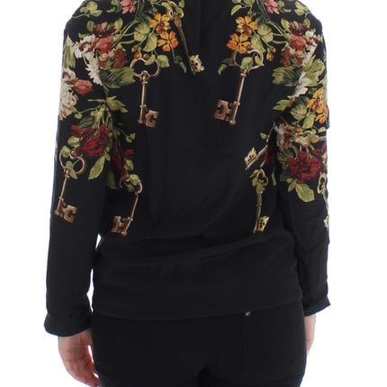 Dolce & Gabbana Black Key Floral Print Silk Blouse Top