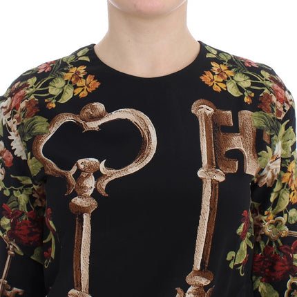 Dolce & Gabbana Black Key Floral Print Silk Blouse Top