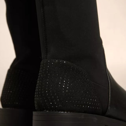 MY TWIN Black Leather Suede Flats High Boots Shoes