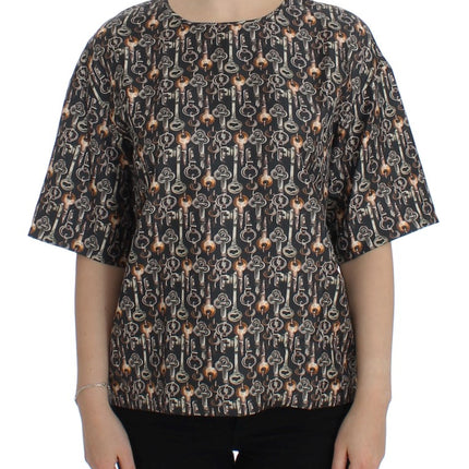 Dolce & Gabbana Gray Gold Key Print Silk Blouse T-shirt