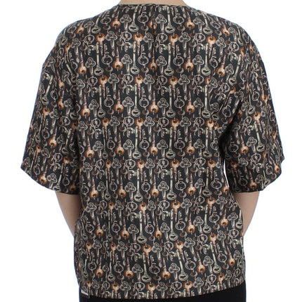 Dolce & Gabbana Gray Gold Key Print Silk Blouse T-shirt