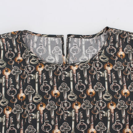 Dolce & Gabbana Gray Gold Key Print Silk Blouse T-shirt