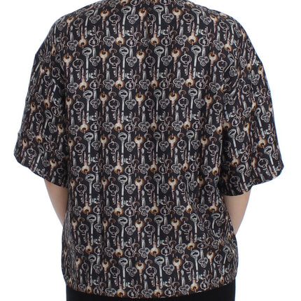Dolce & Gabbana Gray Gold Key Print Silk Blouse T-shirt