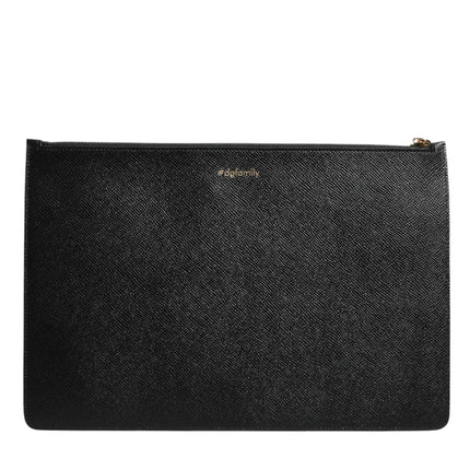 Dolce & Gabbana Black Leather #DGFAMILY Embellished Men Zip Pouch Bag
