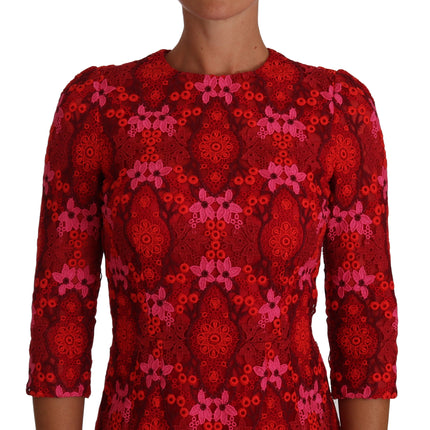 Dolce & Gabbana Floral Crochet Lace Red Pink Sheath Dress