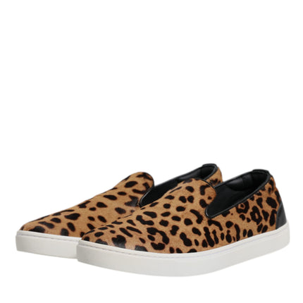 Dolce & Gabbana Brown Calfskin Fur Leopard Sneakers Shoes