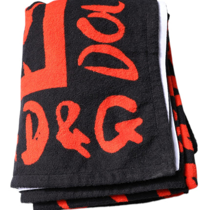 Dolce & Gabbana Black Red Logo Print Cotton Beach Towel