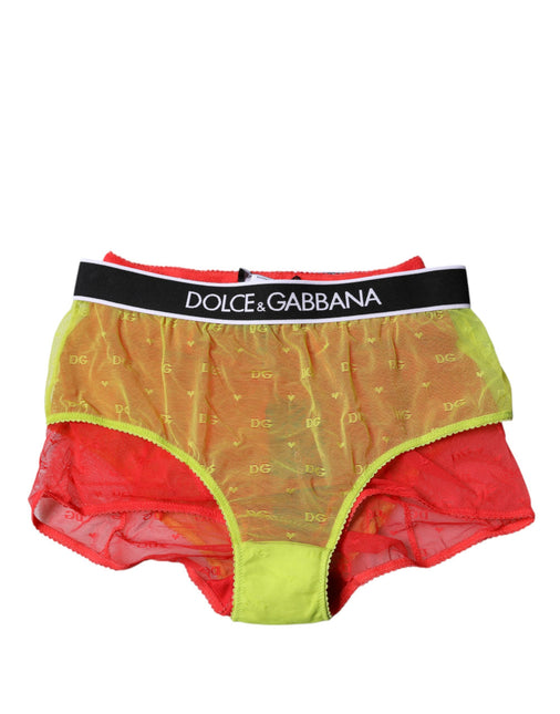 Dolce & Gabbana Red Yellow Tulle Mid Waist Panty Underwear