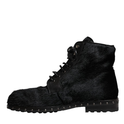 Dolce & Gabbana Black Pony Style Leather Mid Calf Boots Shoes