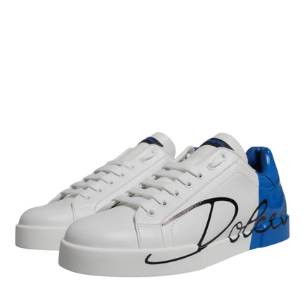 Dolce & Gabbana White Blue Leather Logo Low Top Sneakers Shoes