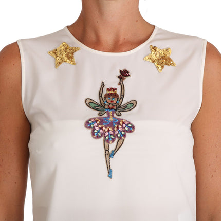 Dolce & Gabbana White Silk Embellished Crystal Sequin Fairy Top