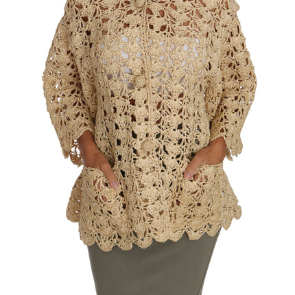 Dolce & Gabbana Beige Cardigan Crochet Knitted Raffia Sweater