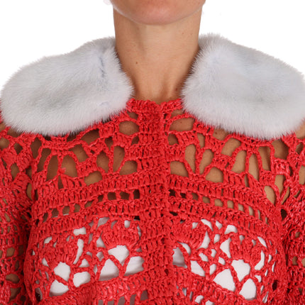 Dolce & Gabbana Red Cardigan Crochet Knit Raffia Sweater