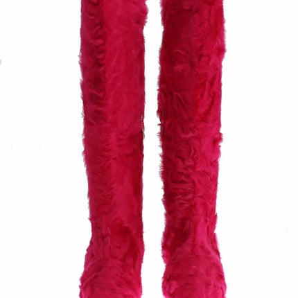 Dolce & Gabbana Pink Lamb Fur Leather Flat Boots Shoes