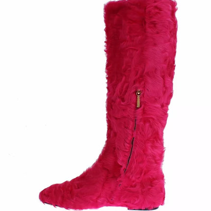 Dolce & Gabbana Pink Lamb Fur Leather Flat Boots Shoes