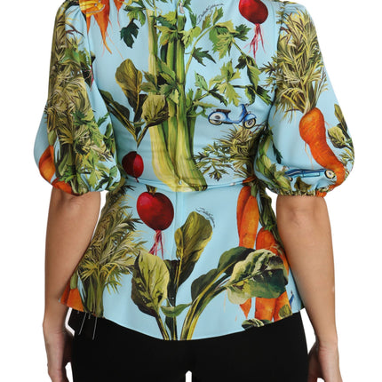 Dolce & Gabbana Multicolor Vegetable Print Silk Top Peplum Wrap Blouse