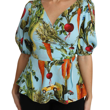 Dolce & Gabbana Multicolor Vegetable Print Silk Top Peplum Wrap Blouse
