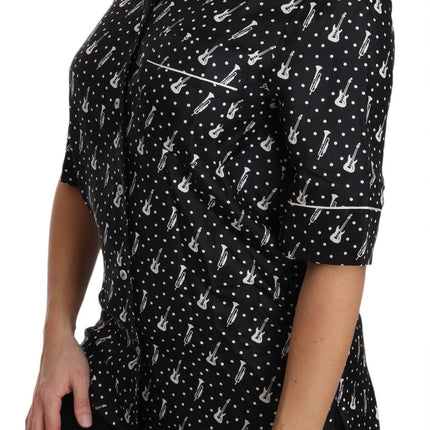 Dolce & Gabbana Black GuitarTrumpet Print Silk Shirt Top