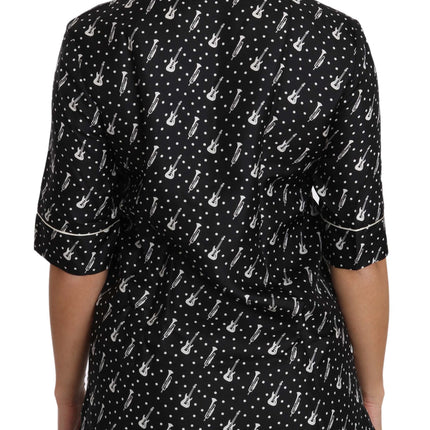 Dolce & Gabbana Black GuitarTrumpet Print Silk Shirt Top