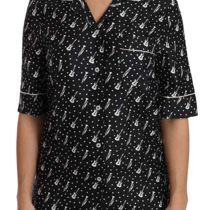 Dolce & Gabbana Black GuitarTrumpet Print Silk Shirt Top