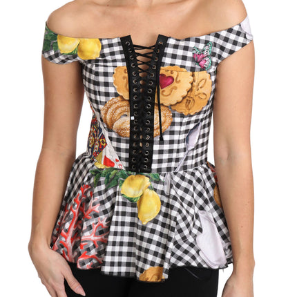 Dolce & Gabbana Black and White Corset Blouse Sicily Lemon Check Top