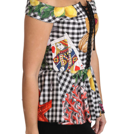 Dolce & Gabbana Black and White Corset Blouse Sicily Lemon Check Top
