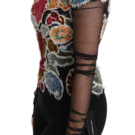 Dolce & Gabbana Black Floral Ricamo Top T-shirt Blouse