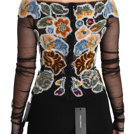 Dolce & Gabbana Black Floral Ricamo Top T-shirt Blouse